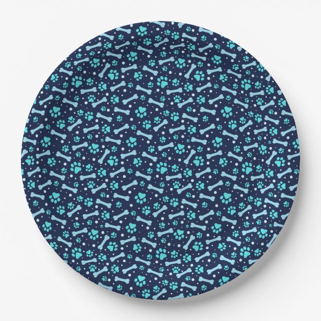 Blue Watercolor Paw Prints Birthday Paper Plate (Front)