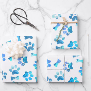 Blue Watercolor Paw Prints Birthday Wrapping Paper