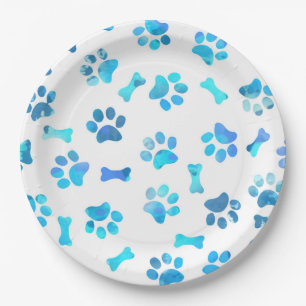 Blue Watercolor Paw Prints Paper Plate