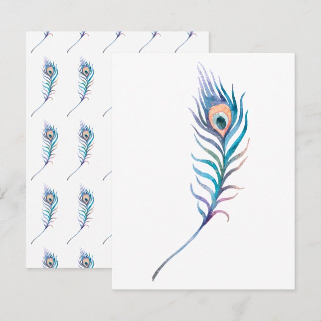 Blue watercolor peacock feather illustration card (Front/Back)