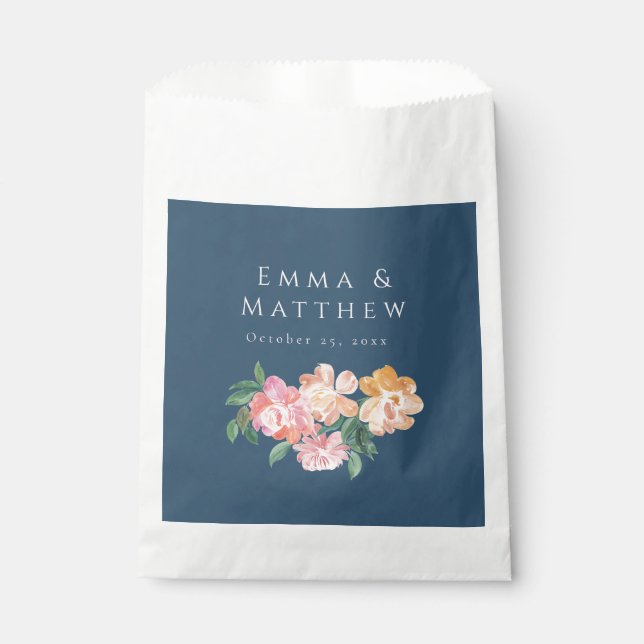 Blue Watercolor Peonies Floral Bouquet Favour Bags (Front)