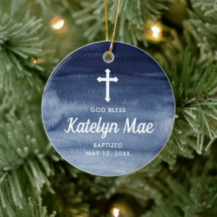 Blue Watercolor Personalised Baptism Christening   Ceramic Tree Decoration