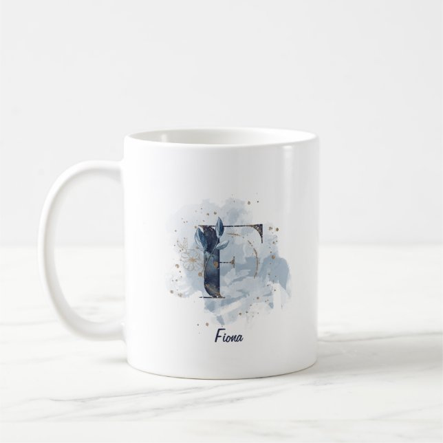 Blue Watercolor Personalised Name Letter Initial F Coffee Mug (Left)