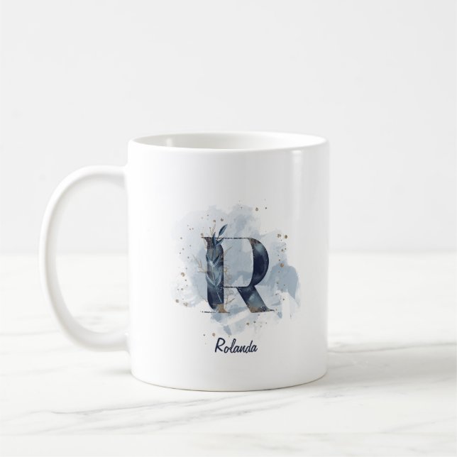 Blue Watercolor Personalised Name Letter Initial R Coffee Mug (Left)