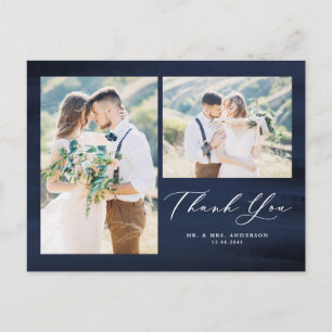 Blue Watercolor Photo Collage Wedding Thank You Postcard
