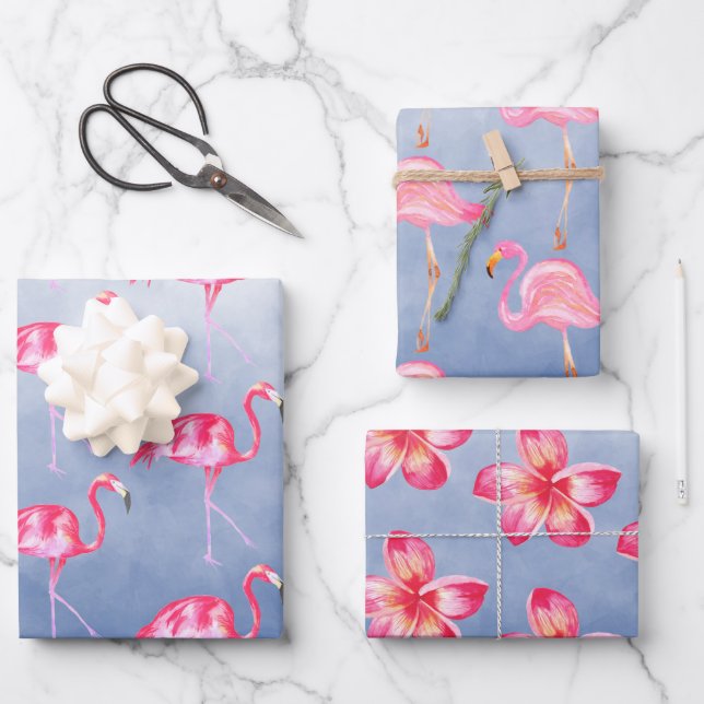 Blue Watercolor Pink Flamingoes Floral Wrapping Paper Sheet (Front)