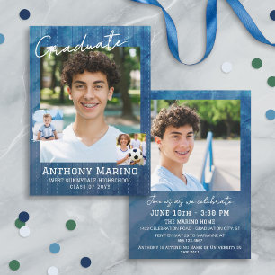 Blue Watercolor Pinstripes Photo Graduation Party Invitation