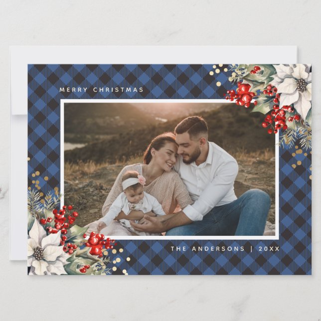 Blue Watercolor Poinsettia Holly Photo Christmas Holiday Card (Front)