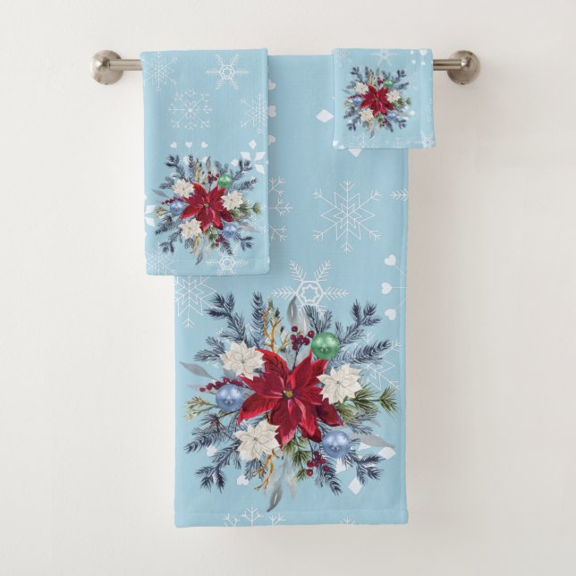 Blue Watercolor Poinsettia Pine Bouquet Bath Towel Set (Insitu)
