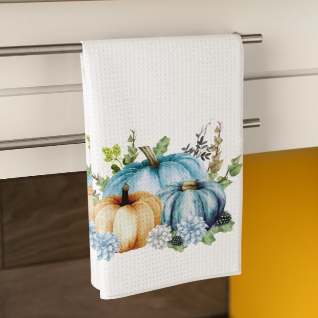 Blue  Watercolor Pumpkin Fall Autumn  Tea Towel (Creator Uploaded)