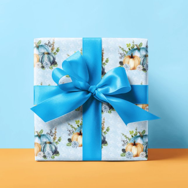 Blue  Watercolor Pumpkin Fall Autumn  Wrapping Paper (Creator Uploaded)