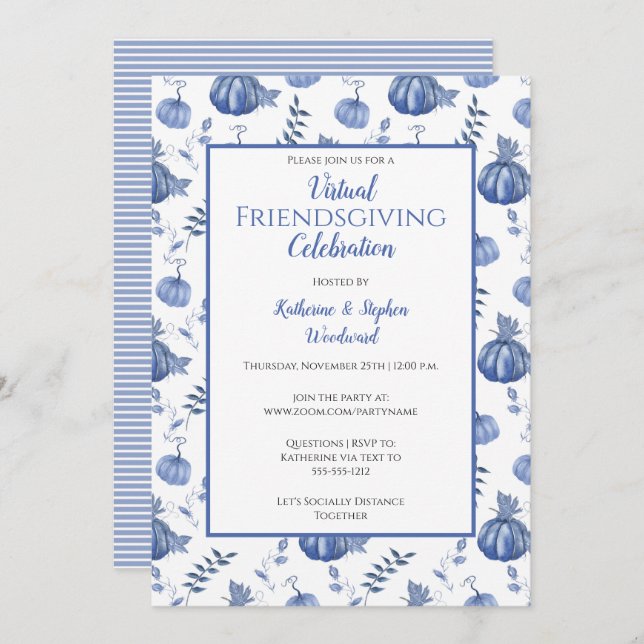 Blue Watercolor Pumpkin Virtual Friendsgiving Invitation (Front/Back)