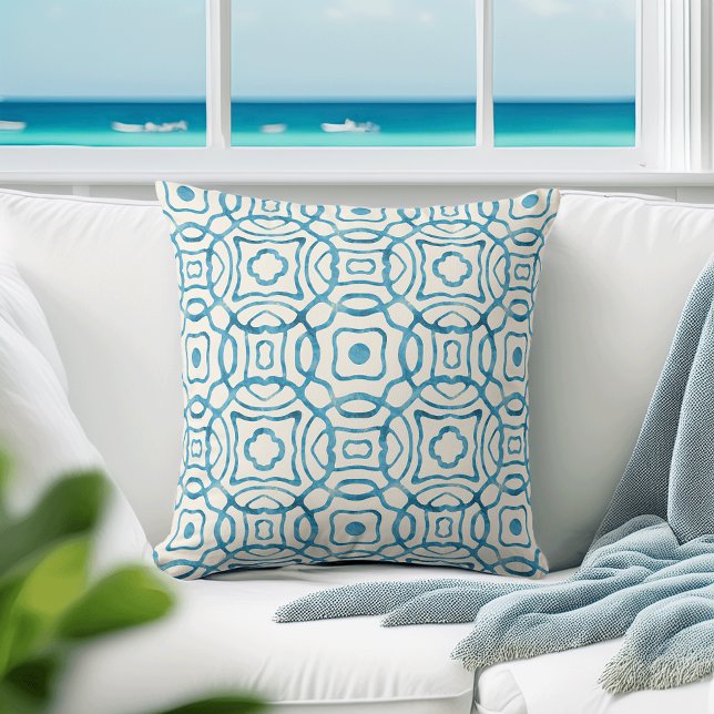 Blue Watercolor Quatrefoil Block Print Cushion (Creator Uploaded)