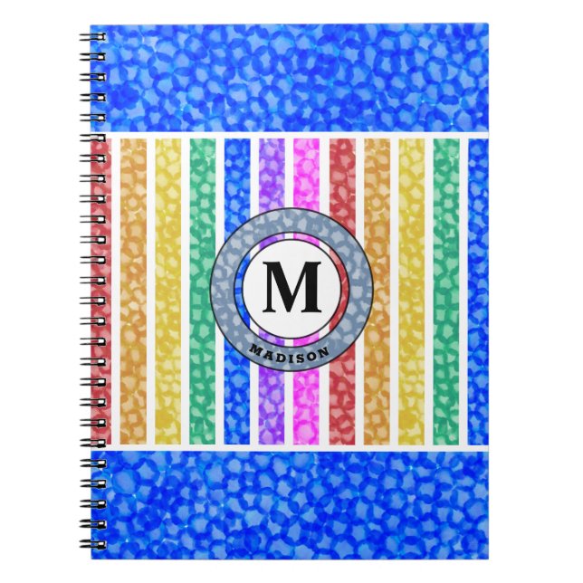Blue Watercolor Rainbow Mosaic Stripe Monogram Notebook (Front)