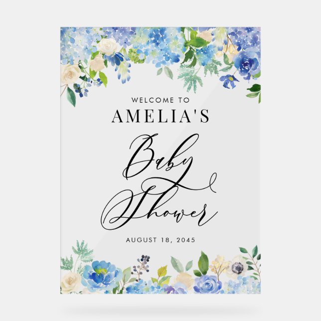 Blue Watercolor Rose and Hydrangea Baby Shower Acrylic Sign (Front)