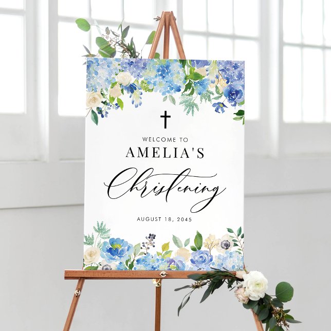 Blue Watercolor Rose and Hydrangea Christening Poster (Creator Uploaded)