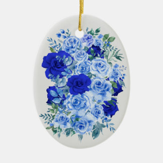 Blue Watercolor Rose Bouquet Ceramic Tree Decoration