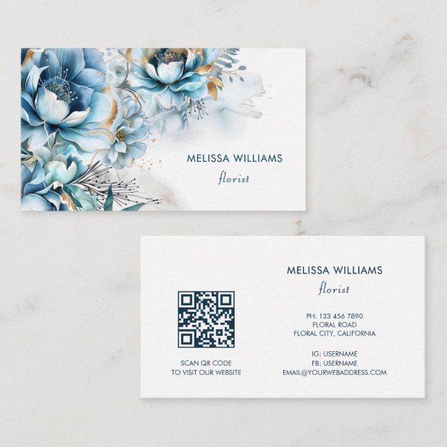 Blue Watercolor Roses Business Card (Front/Back)