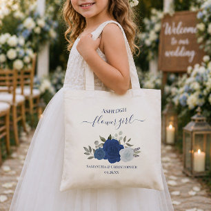 Blue Watercolor Roses Elegant Flower Girl Wedding Tote Bag