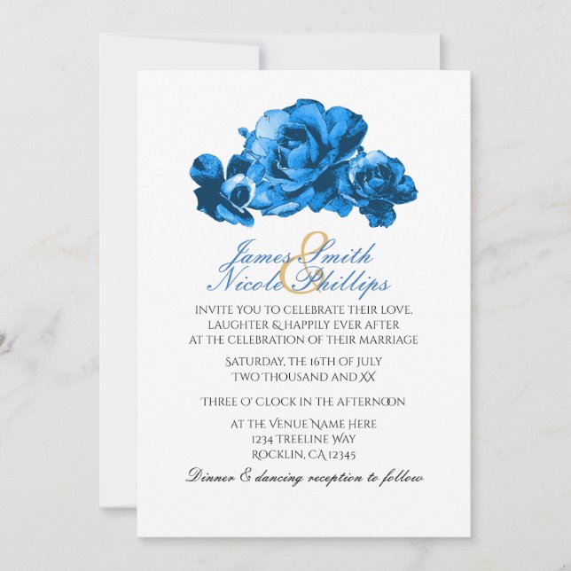 Blue Watercolor Roses Elegant Wedding Invitations (Front)