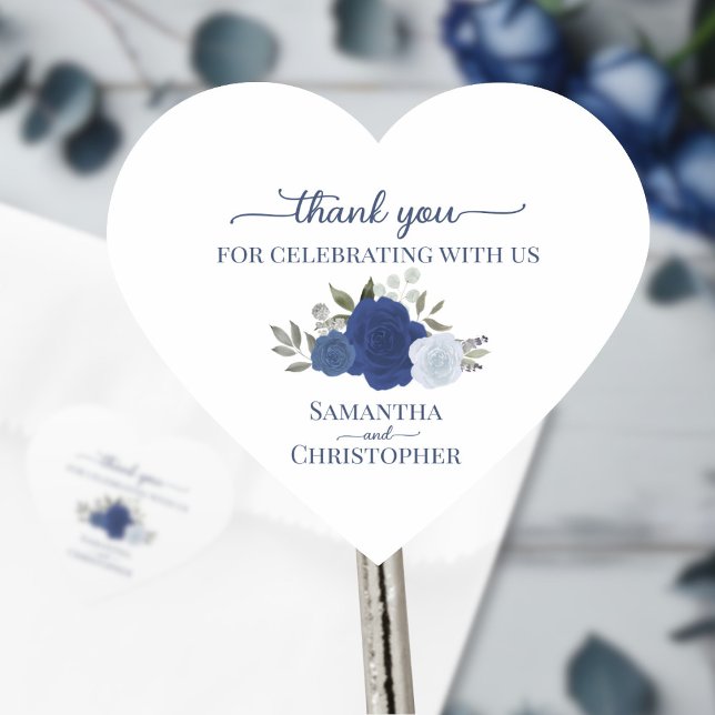 Blue Watercolor Roses Elegant Wedding Thank You Heart Sticker (Creator Uploaded)