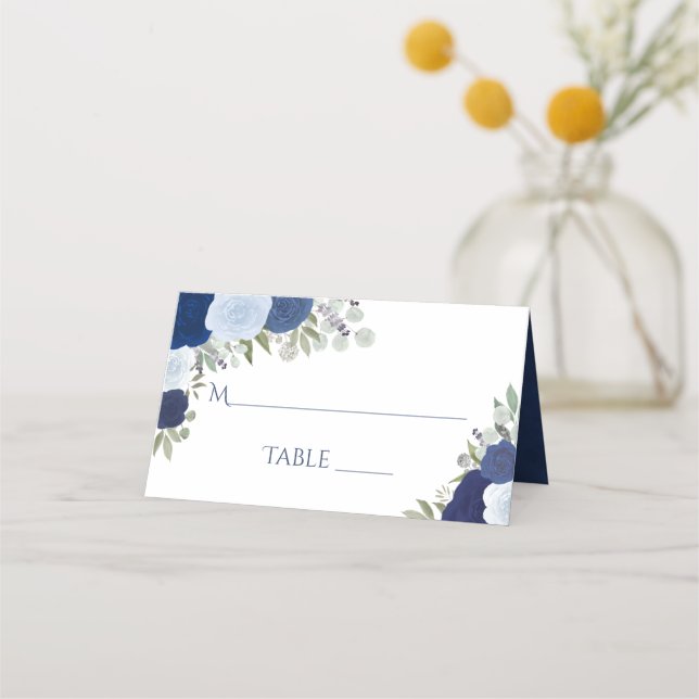 Blue Watercolor Roses Elegant Wedding Write-In Place Card (Front)