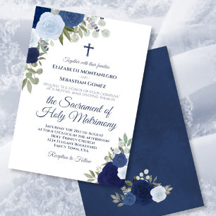 Blue Watercolor Roses Modern Catholic Wedding Invitation