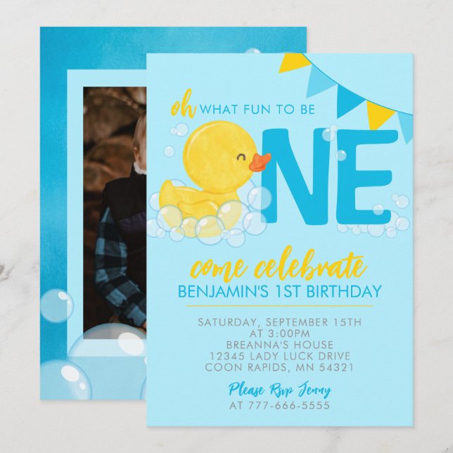 Blue Watercolor Rubber Duck 1st Birthday Photo Invitation (Front/Back)