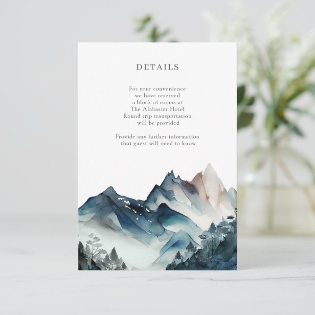 Blue Watercolor Rustic Mountains Details Enclosure Card (Standing Front)