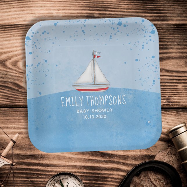 Blue Watercolor Sailboat Baby Shower Custom Paper Plate (Creator Uploaded)