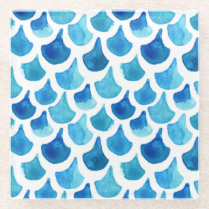 Blue Watercolor Scale Pattern Glass Coaster