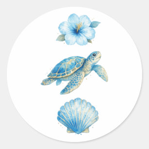 Blue Watercolor Sea Turtle and Coastal Elements Classic Round Sticker