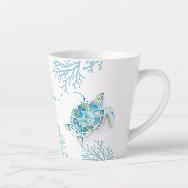 Blue Watercolor Sea Turtle Latte Mug (Right)