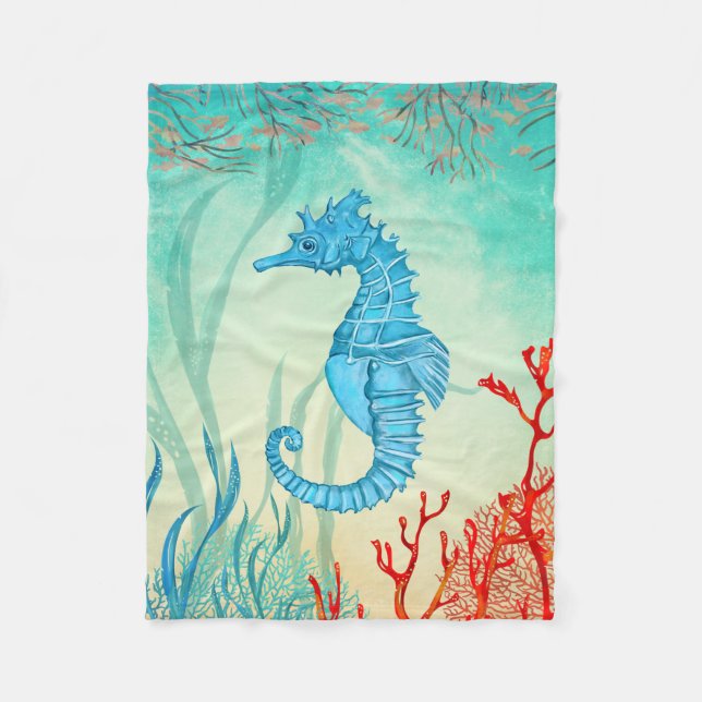 Blue watercolor seahorse fleece blanket (Front)