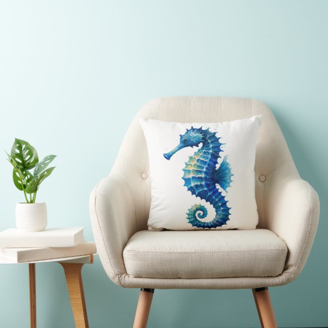Blue Watercolor Seahorse Throw Pillow (Chair)