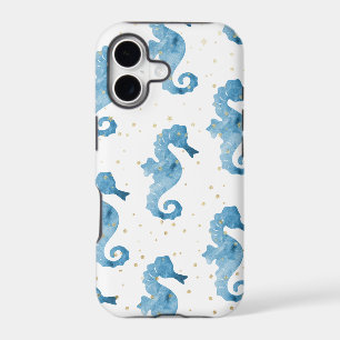 Blue Watercolor Seahorses Pattern Gold Sparkles