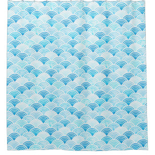 Blue Watercolor Seigaiha Waves Pattern Shower Curtain