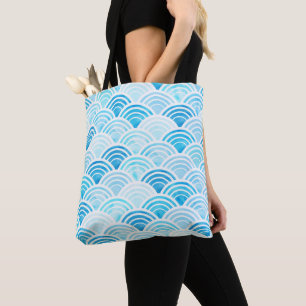 Blue Watercolor Seigaiha Waves Pattern Tote Bag
