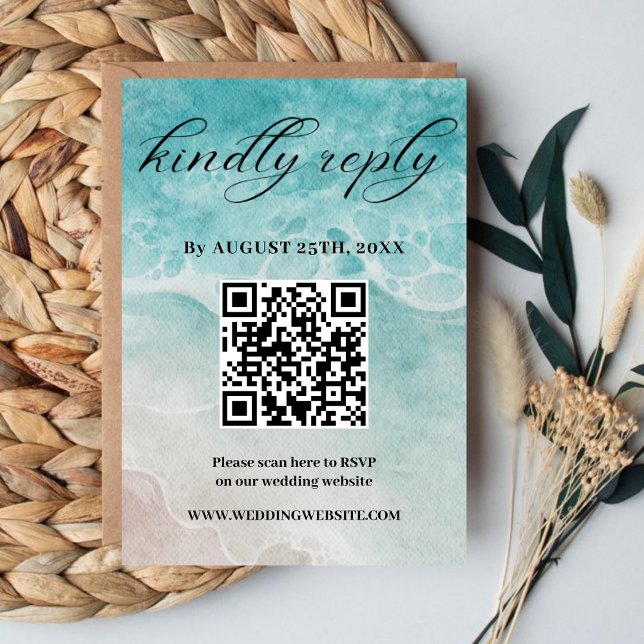 Blue Watercolor Shoreline Ocean Wedding RSVP card (Creator Uploaded)