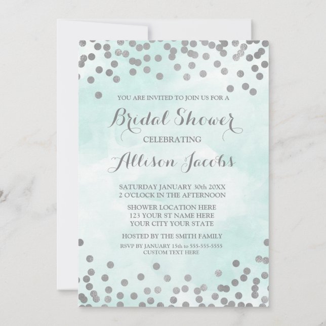 Blue Watercolor Silver Confetti Bridal Shower Invitation (Back)