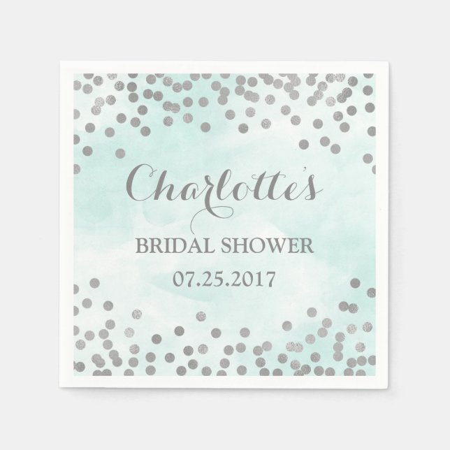 Blue Watercolor Silver Confetti Bridal Shower Napkin (Front)