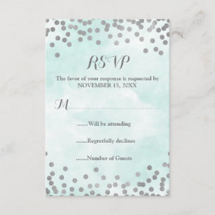 Blue Watercolor Silver Confetti Wedding RSVP