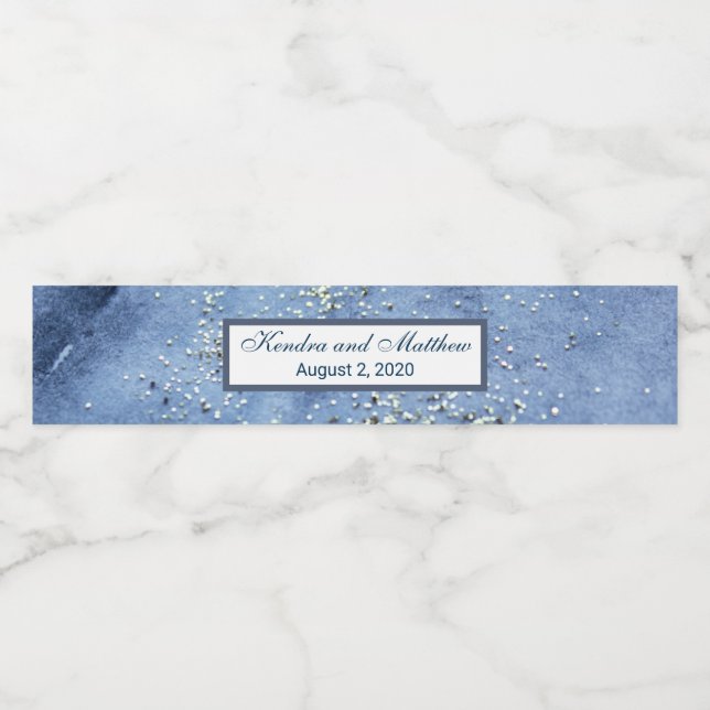 Blue Watercolor Silver Mercury Dots Water Bottle Label (Single Label)