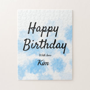 Blue watercolor simple birthday add your name cust jigsaw puzzle