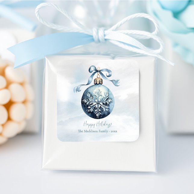 Blue Watercolor Snowflake Ornament Custom Square Sticker (Creator Uploaded)