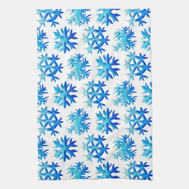 Blue Watercolor Snowflake Pattern Tea Towel (Vertical)