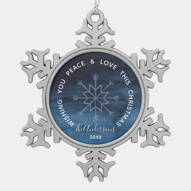 Blue Watercolor Snowflake Peace & Love Pewter Christmas Ornament (Front)