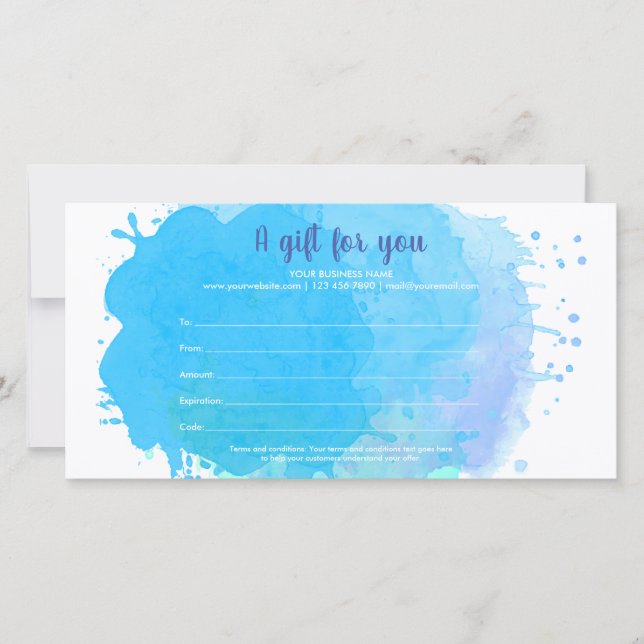 Blue Watercolor Splash Business Gift Certificate (Front)