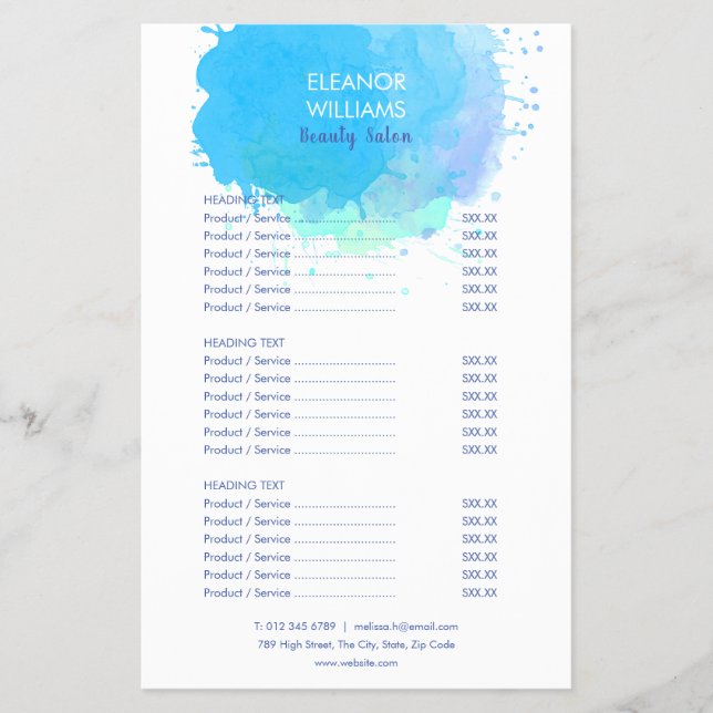 Blue Watercolor Splash Salon Service Menu (Front)