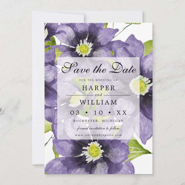 Blue watercolor spring flowers save the date card (Front)